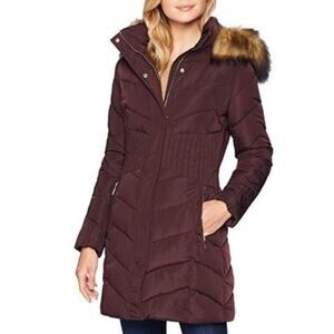 Ivanka Trump Burgundy Puffer Coat Down Hooded Coat Faux Fur Hood Small